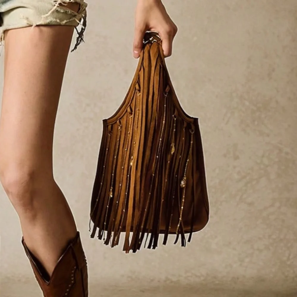 Western Vegan Suede Chain Detail Tassel Fringe Detail Tote Bag